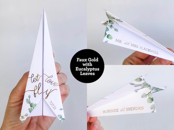 Personalized Paper Airplane Wedding Send Off with Eucalyptus Leaves - Paper Airplanes with Name and Date - Folded or Unfolded