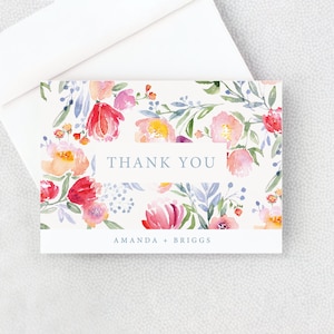 Thank You Card - Shower Thank You Note - Personalized Folded Thank You Card with Envelopes - Pink and Blue Flowers - with Envelopes