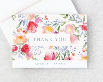 Thank You Card - Shower Thank You Note - Personalized Folded Thank You Card with Envelopes - Pink and Blue Flowers - with Envelopes