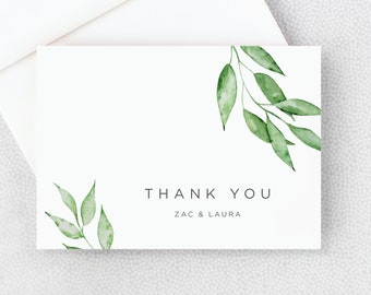 Wedding Thank You Card - Shower Thank You Card - Personalized Folded Thank You Card with Envelopes - Eucalyptus Leaves