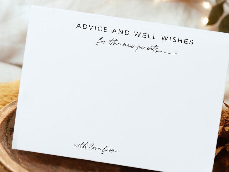 K&ouml;nnte beinhalten: Eine wei&szlig;e Karte mit dem Text "Advice and Well Wishes for the new parents" und "with love from:" unten.