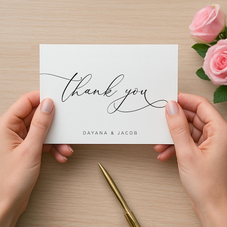 Thank You Card - Personalized Folded Thank You Card with Envelopes - Black and White - Simple - Elegant image 3