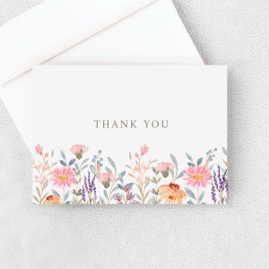 Thank You Card - Simple Watercolor Wildflowers - Folded Thank You Note - Blank Inside With Envelopes - Floral - Personalization Optional