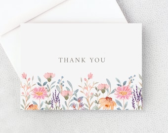 Thank You Card - Simple Watercolor Wildflowers - Folded Thank You Note - Blank Inside With Envelopes - Floral - Personalization Optional