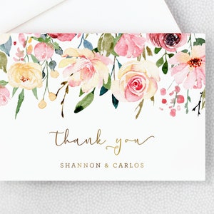 Wedding Thank You Card - Shower Thank You Card - Personalized Folded Thank You Card with Envelopes - Faux Gold and Blush Pink Flowers