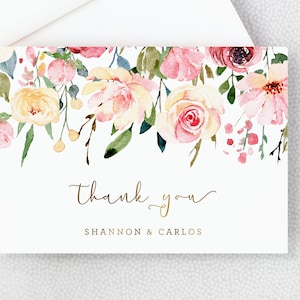 Wedding Thank You Card - Shower Thank You Card - Personalized Folded Thank You Card with Envelopes - Faux Gold and Blush Pink Flowers
