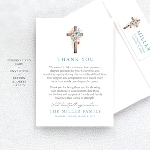 May include: Thank you card with a watercolor cross and floral design. The card includes the text "Thank You" and "The Miller Family" with the names Maggie, Susan, Mark & Lily.