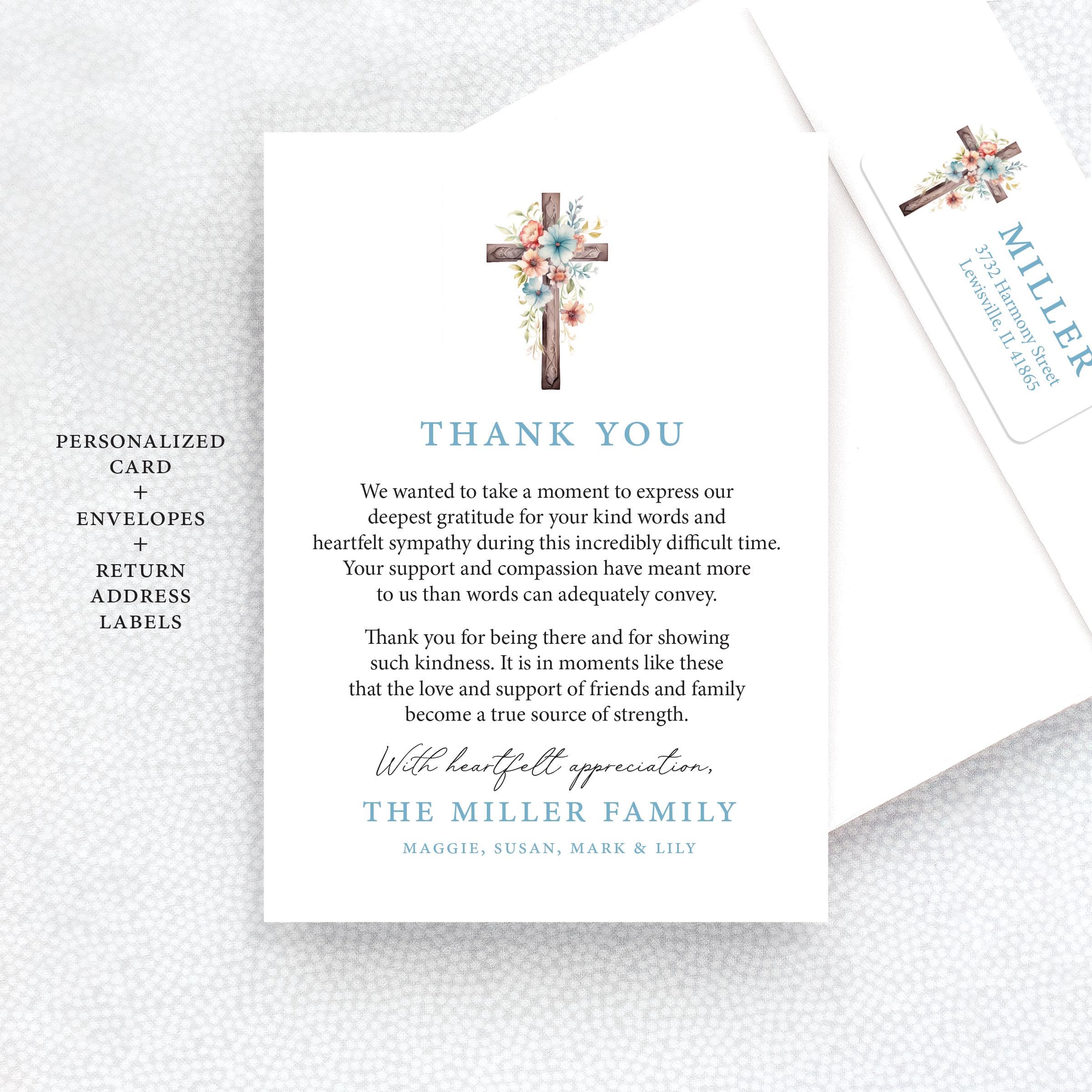 Return Thanks. Message Funeral Thank You Card With Cross - Personalized Flat Sympathy Thank ...