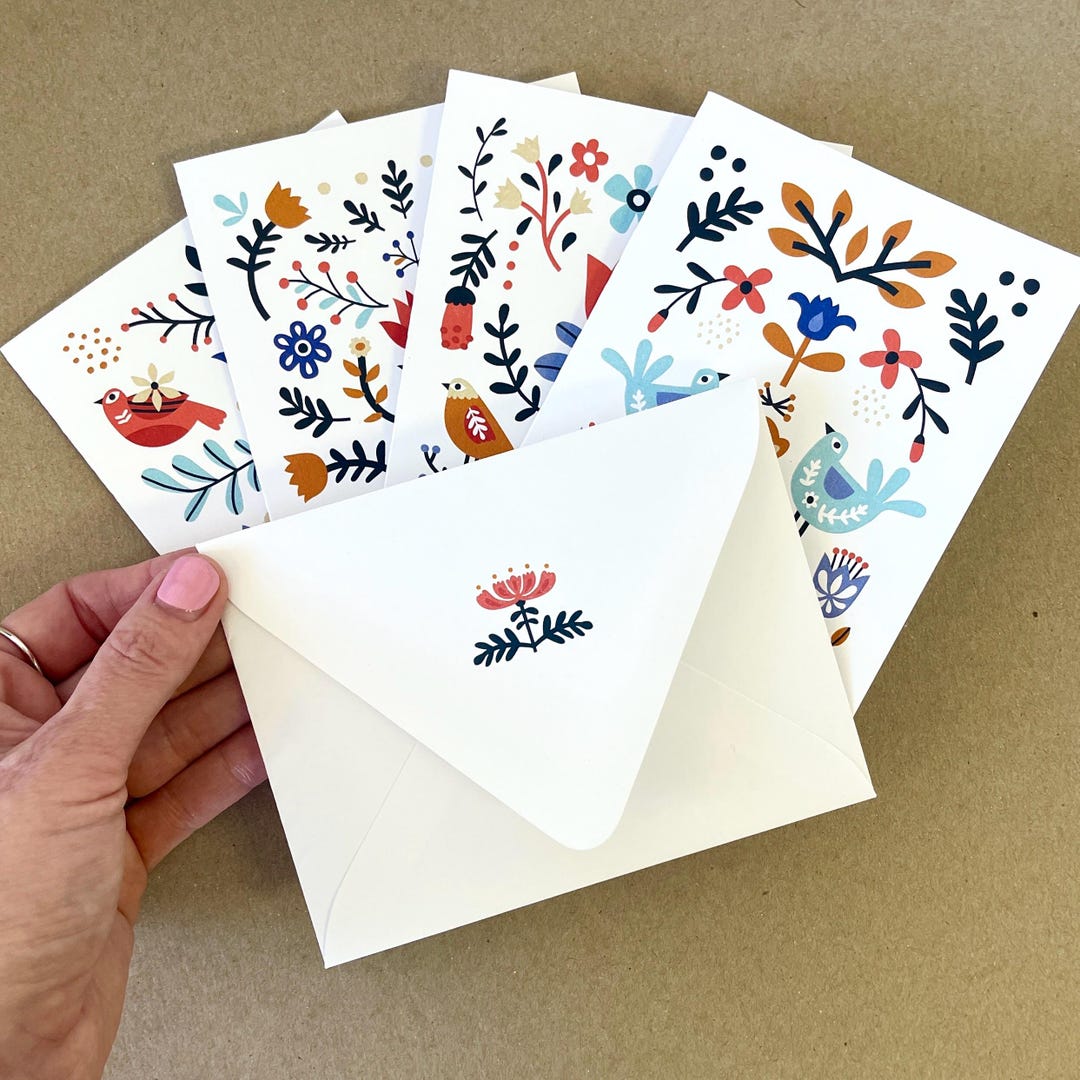 Folk Art Notecards - Set of 12 Folded Cards With Envelopes - Birds and ...