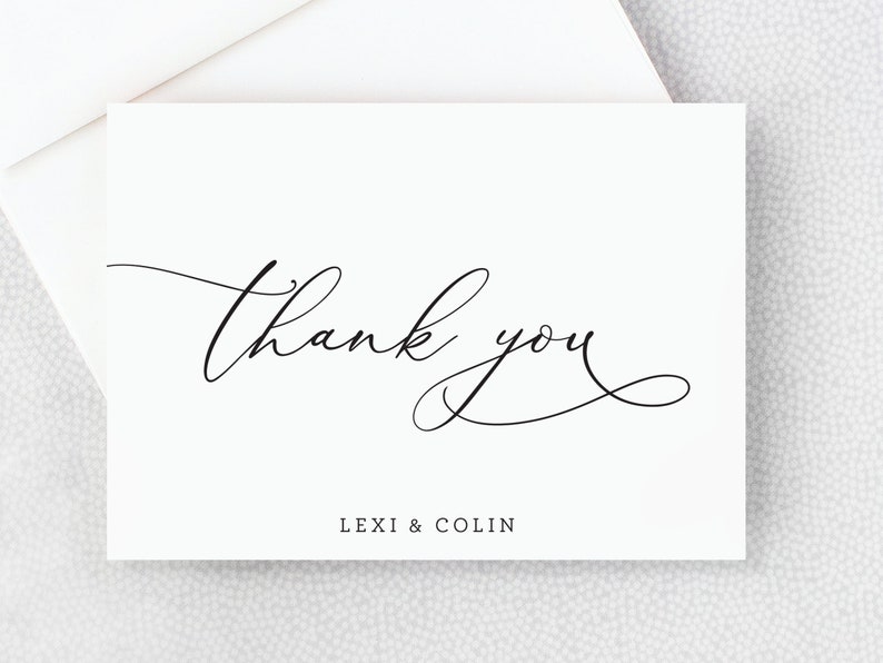 Thank You Card - Personalized Folded Thank You Card with Envelopes - Black and White - Simple - Elegant