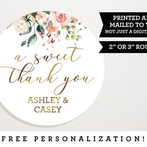 A Sweet Thank You Wedding Favor Stickers - Favor Labels - Faux Gold and Pink Floral - Thank You Stickers