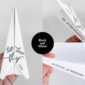 May include: White paper airplane with the text "let love fly" and the date 7.27.21 in black script. Additional images show the names "MR. and MRS. BLACKWELL" and "MCKENZIE and BRENDAN" printed on the paper.