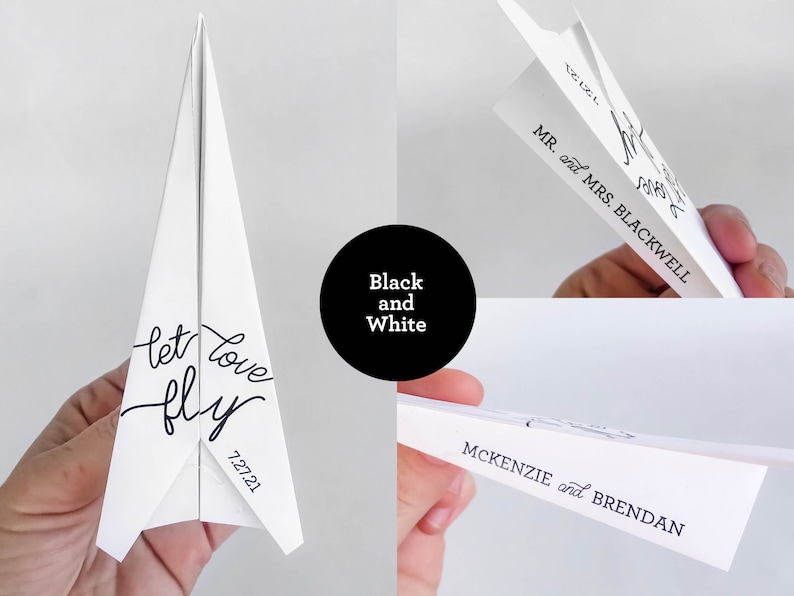 May include: White paper airplane with the text "let love fly" and the date 7.27.21 in black script. Additional images show the names "MR. and MRS. BLACKWELL" and "MCKENZIE and BRENDAN" printed on the paper.