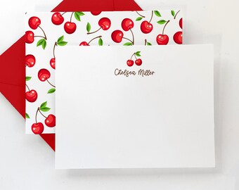 Personalized Stationery Set - Cherry Note Card Set - Cherry Flat Note Card - Gift for Her - Set of 16 - Cute Personalized Stationery