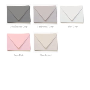 May include: Six stacks of envelopes in different colors: Cobblestone Grey, Timberwolf Grey, New Grey, Rosa Pink, Chardonnay.