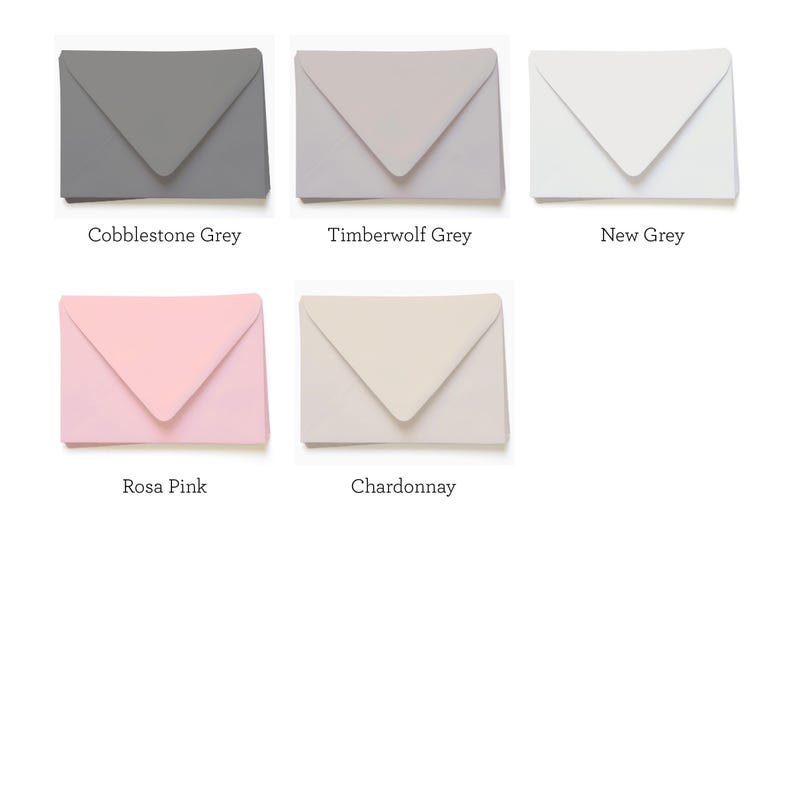 May include: Six stacks of envelopes in different colors: Cobblestone Grey, Timberwolf Grey, New Grey, Rosa Pink, Chardonnay.