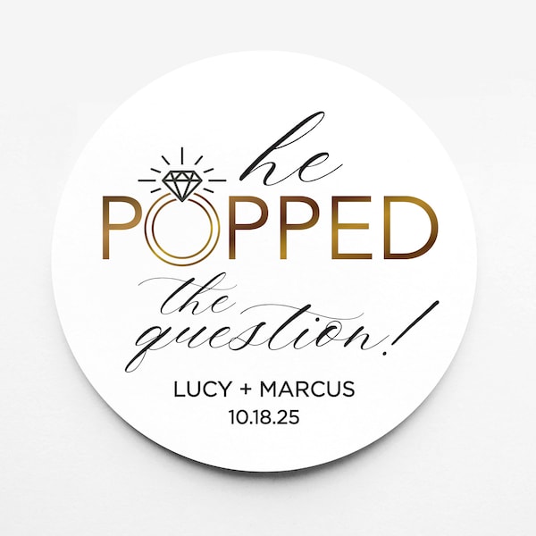 He Popped the Question Shower Favor Stickers - Popcorn Favor - Engagement Favor - Personalized  - Bridal Shower Favor - Faux Gold and Black