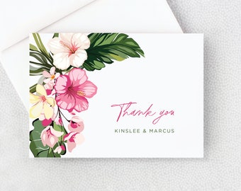 Tropical Thank You Card - Destination Wedding Thank You Card - Personalized Folded Thank You Card with Envelopes - Pink Tropical Flower