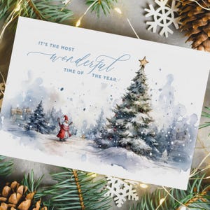 Christmas Card - Classic Watercolor Christmas Card w Customizable Text - Santa and Winter Scene - Happy Holidays or Merry Christmas