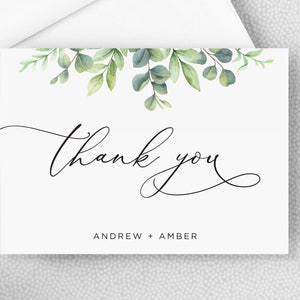 Wedding Thank You Card - Shower Thank You Card - Personalized Folded Thank You Card with Envelopes - Eucalyptus Leaves