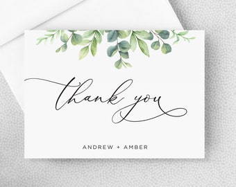 Wedding Thank You Card - Shower Thank You Card - Personalized Folded Thank You Card with Envelopes - Eucalyptus Leaves