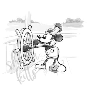 Puede incluir: Una ilustración de dibujos animados en blanco y negro de Mickey Mouse vestido de marinero, sosteniendo un timón de barco.