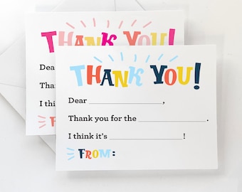 Kids Fill in the Blank Thank You Card - Kids Fill In Thank You Notes - Kids Birthday Thank You - Thank You Card for Kids - Kids Stationery