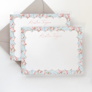 Personalized Scallop Stationery Set - Floral Note Card Set - Cute Flower Flat Note Card - Gift for Her - Set of 16 - French Blue and Rose
