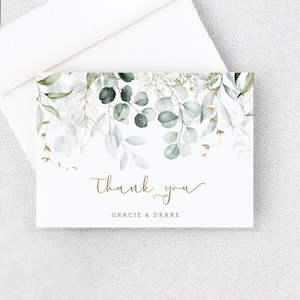 Wedding Thank You Card - Shower Thank You Card - Personalized Thank You Card with Envelopes - Eucalyptus Leaves and FAUX GOLD Lettering