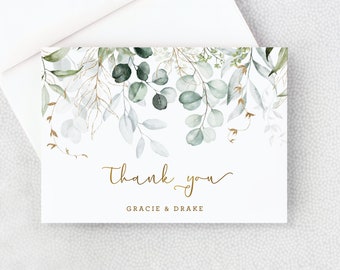 Wedding Thank You Card - Shower Thank You Card - Personalized Folded Thank You Card with Envelopes - Eucalyptus Leaves Gold