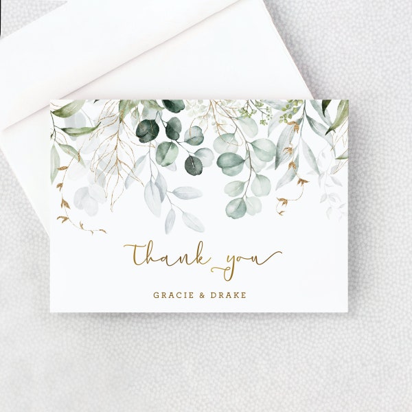 Wedding Thank You Card - Shower Thank You Card - Personalized Folded Thank You Card with Envelopes - Eucalyptus Leaves Gold