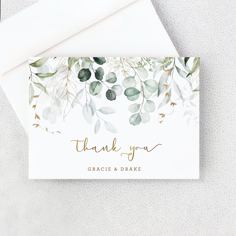 Wedding Thank You Card Shower Thank You Card Personalized Folded Thank You Card with Envelopes Eucalyptus Leaves Gold image 1