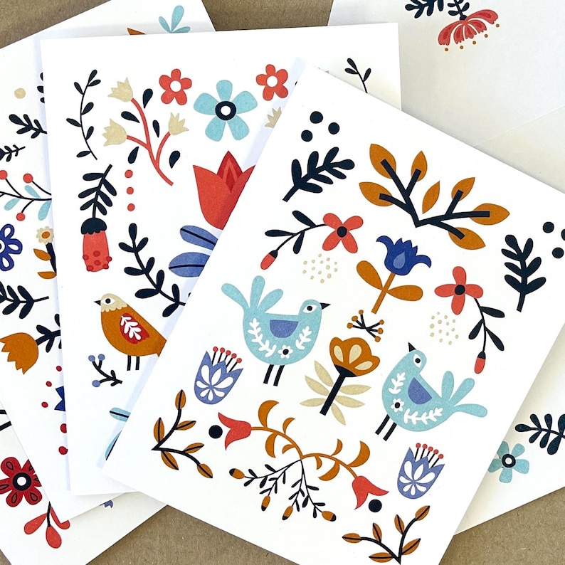 Folk Art Notecards - Set of 12 Folded Cards With Envelopes - Birds and ...