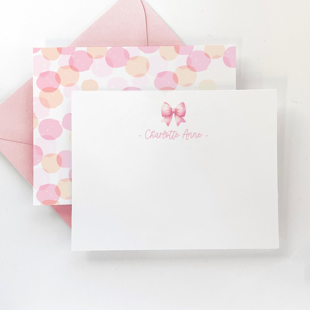 Pink Bow Personalized Stationery Set Girls Pink Bow Note Card Set ...