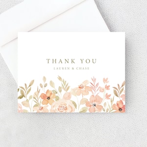 Peach Flower Thank You Card - Wedding or Shower Thank You Card - Personalized Folded with Envelopes - Peach Flowers - Orange Flowers