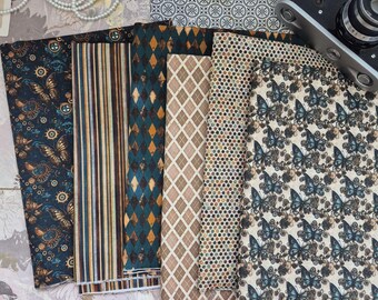 Designer "Steampunk" Fabric Collection - 6pcs 100% Cotton Fabric Set, Small Print for Dolls & Crafts