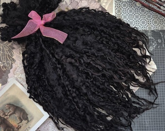 Teeswater locks / 9.8’ in length/ Color “Black”/ hand-dyed soft wool/ Doll hair/ Art doll/ Blythe/ BJD doll/ spinning