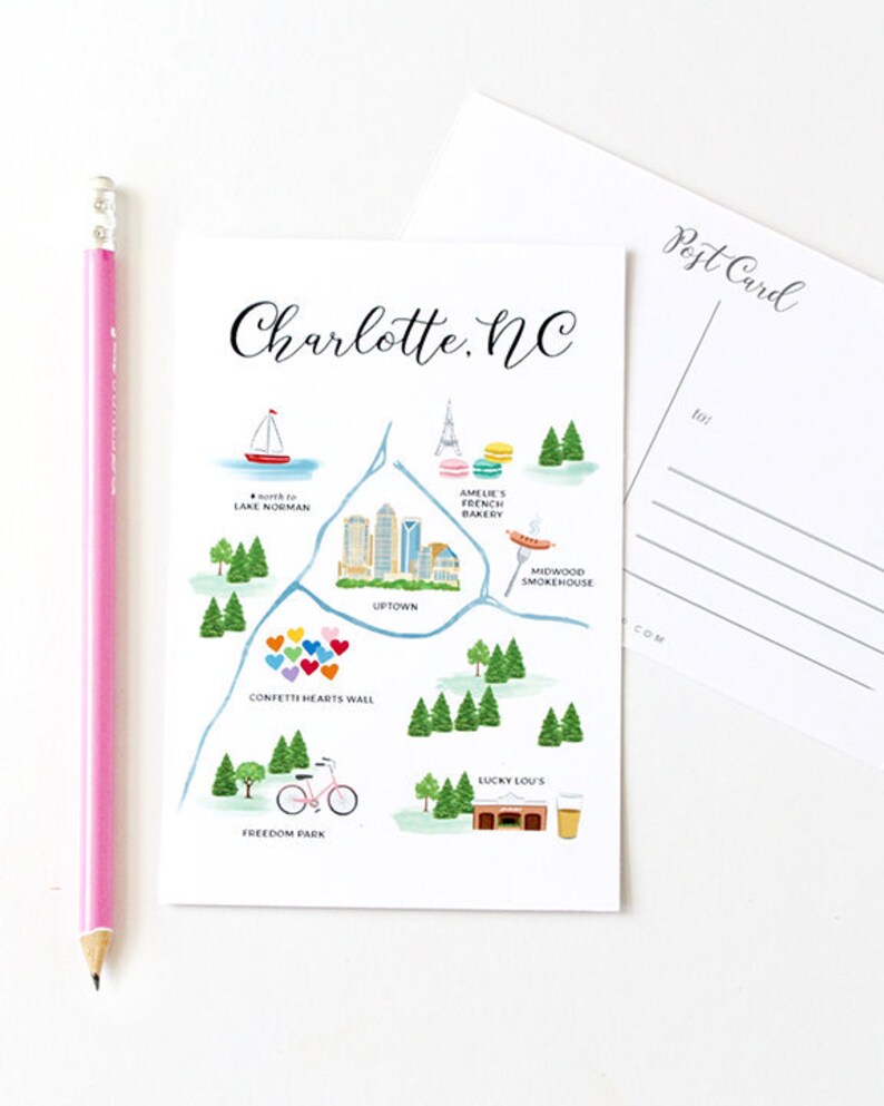 Charlotte Skyline Travel Postcards Charlotte NC City Map Art Travel Gifts North Carolina Travel Map Postcard Set City Art Watercolor