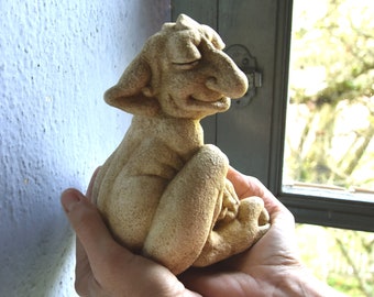 Tattoo - whimsical gargoyle statue - Feng Shui - garden stone troll - mischievous house buddy - gothic sculpture - home decoration