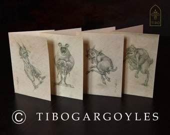Set of 4 postcards after my original drawings - funny Tibo monsters - Fantasyart - High quality fine artprint - Gargoyles - Gothic creatures