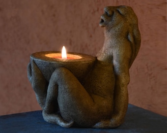 Ponpon gargoyle – cute candle holder - handmade cast stone sculpture, home decoration – table centerpiece - fantasy figurine