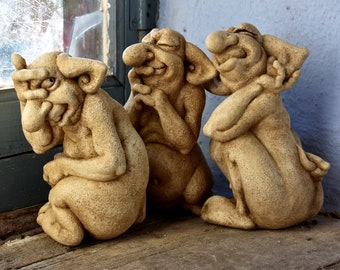 SPIEK + SPUK + SPOK - troll figurines - handmade cast stone sculpture, home and garden decoration - The 3 Monkeys: hear, see, speak no evil