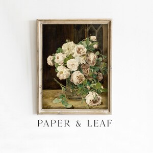 art de roses crème vintage | Antique Rose Vase botanique nature morte peinture imprimable | Art en téléchargement numérique | 0110