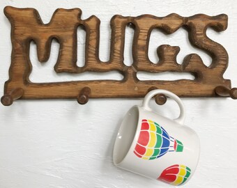 Vintage wooden mugs rack, wall hanging cup storage