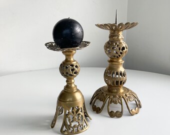 Vintage ornate brass pillar candle holder, antique metal alter lighting