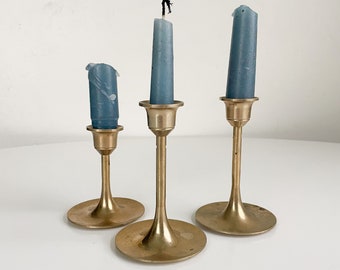 Vintage brass tulip candlestick holder set