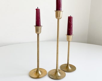 Vintage brass tulip candlestick holder set