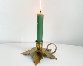 Brass holly berry candlestick holder, mistletoe Christmas table lighting