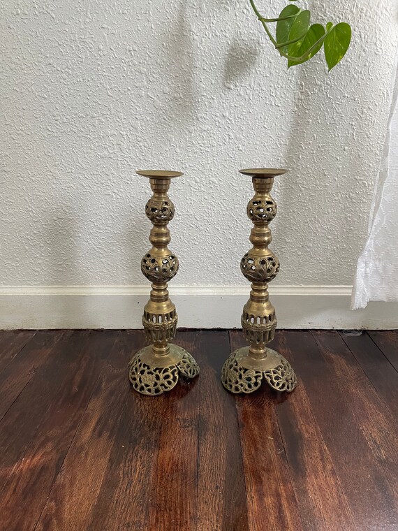 Vintage Brass Ornate Pillar Candle Stick Holder Gold Metal Etsy