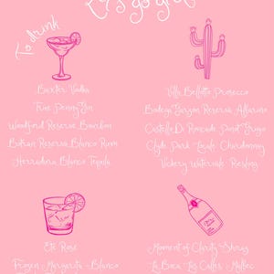 May include: Pink graphic with the text "Let's go girls" and a disco ball. A list of drinks and cocktails with their names, including "Baxter Vodka", "True Penny Gin", "Woodford Reserve Bourbon", "Botran Reserva Blanco Rum", "Herradura Blanco Tequila", "Ete Rose", "Frozen Margarita - Blanco Tequila Triple Sec. Lime", "Estrella Damm Lager", "Villa Bellotto Prosecco", "Bodega Garz&oacute;n Reserva Albari&ntilde;o", "Castello Di Roncade Pinot Grigio", "Clyde Park Locale Chardonnay", "Vickery Watervale Riesling", "Moment of Clarity Shiraz", "La Boca Las Calles Malbec", "Paringa Estate Coronella Pinot Noir", "Alpha Box & Dice Mistress Tempranillo".